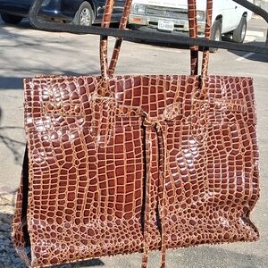 Elegant Brown Crocodile-Embossed Big Tote Bag Boxy Structured Designer Purse Bag